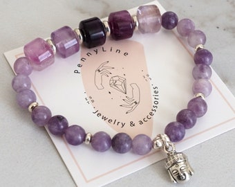 ADHD support stay Focus and calm bracelet with Buddha Head Charm, Fluorite and Lepidolite