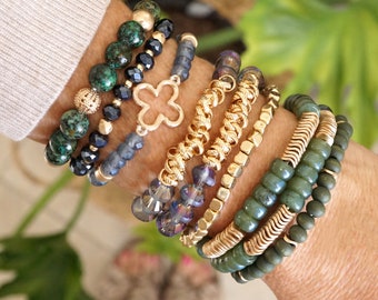 Sets of 3 piece Boho Bracelets Beaded bracelet wood metal glass stone gold tone forest green purple blue gray black clove