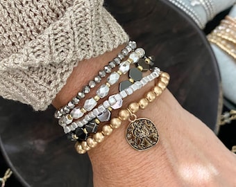 Boho bracelet set with antique, gold coin and multi-tone beads, gold and silver