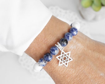 I stand with ISRAEL bracelet with Star of david Charm, Howlite and Sodalite semi precious crystal beads, Am Israel Hai!
