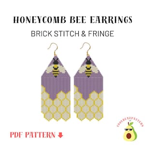 May include: Purple and yellow beaded earrings with a bee design and a honeycomb fringe. The earrings are made with brick stitch and fringe. PDF pattern.