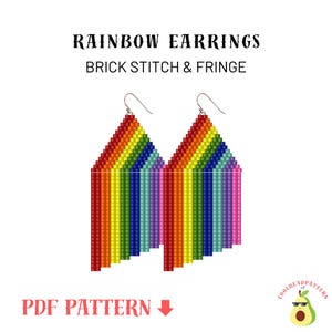 May include: Rainbow brick stitch and fringe earrings pattern. The earrings are made with colorful beads in a rainbow pattern. The pattern is available as a PDF download.
