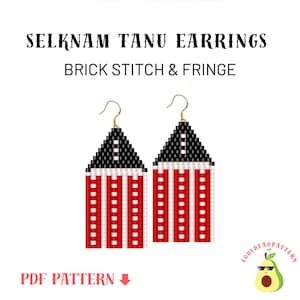 May include: A PDF pattern for making red, white, and black beaded earrings with a brick stitch and fringe design. The pattern is called "Selknam Tanu Earrings".