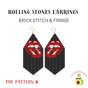 Puede incluir: Un patrón PDF para pendientes de cuentas con el logotipo de la lengua de los Rolling Stones. Los pendientes están hechos con cuentas negras y cuentas rojas, blancas y negras para crear el logotipo de la lengua. Los pendientes están diseñados en un estilo de punto de ladrillo y flecos.