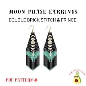 May include: A PDF pattern for beaded earrings featuring a moon phase design with a butterfly motif. The earrings are made with black, white, and teal beads and are designed using a double brick stitch and fringe.