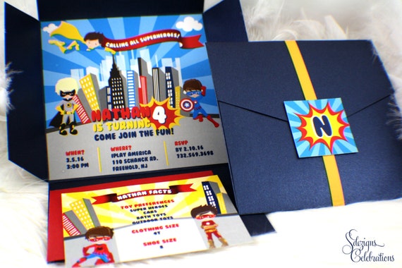 Comic Superhero Invitation | Avengers | Captain America | Batman | Spiderman | Superman | Iron man | Super Hero | Cartoon | Blue | Red | Pow Il_570xn