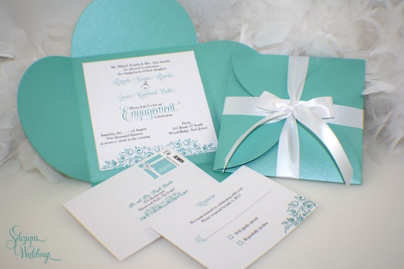 Engagement Party Invitations - Aqua Blue - Turquoise - Gift wrap style - Bow - White ribbon Il_570xn