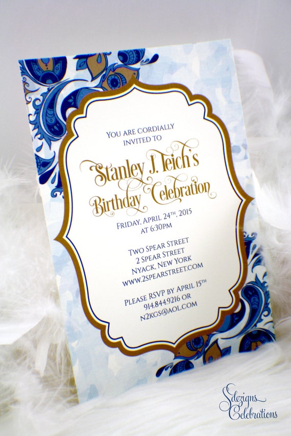 Handsome Birthday Invitation | Paisley | Pattern | Frame | Blue | Gold Il_570xn
