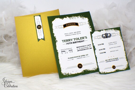 Army Birthday Invitation, Military birthday invitation, Army rank birthday invitation, 70th birthday invitation, Olive green and gold invite Il_570xn