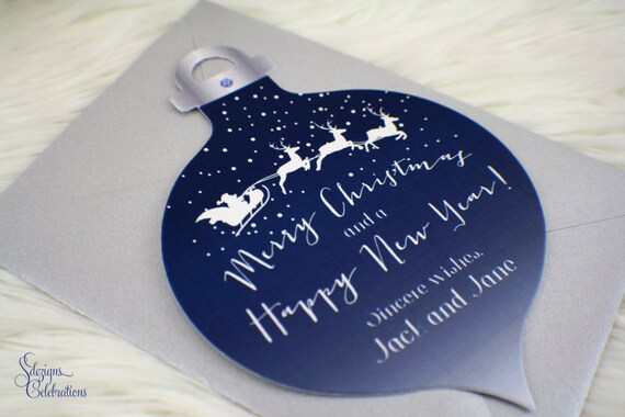 Christmas Ornament Greeting Card | Midnight Blue | Reindeers | Blue | Silver | Snow | Sled | Happy Holidays | Merry Christmas | New Year Il_570xn