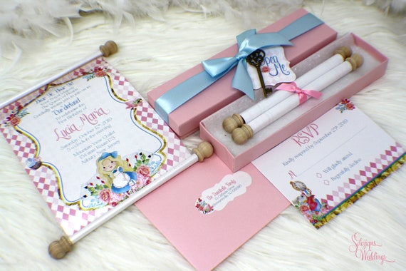 Alice in Wonderland Scroll Invitation, Onederland scroll invites, Pink Birthday Invitation, Wonderland Scroll, Box invitation, Unique Party Il_570xn