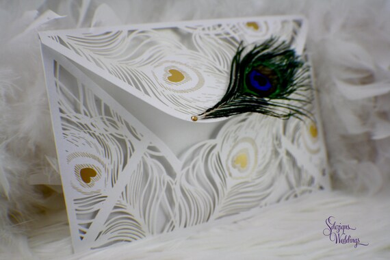 Peacock Lasercut Wedding Invitation Suite | Peacock Feather | Glitter Backing | Lasercut | Elegant | Classic | Modern | Purple | Gold Il_570xn