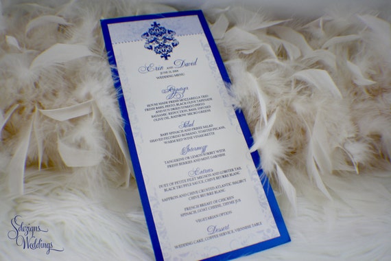 Wedding Menu, Damask Blue Dinner Menu, Wedding Dinner Menu, Elegant Menu, Reception Decor, Table Decor, Wedding Table Detail, Damask pattern Il_570xn