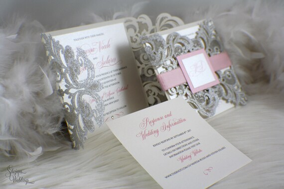 Silver Glitter Invite, Glitter Laser Cut Wedding Invitation, Laser Cut Wedding Invitation, Elegant Wedding Invitation, Couture invitation Il_570xn