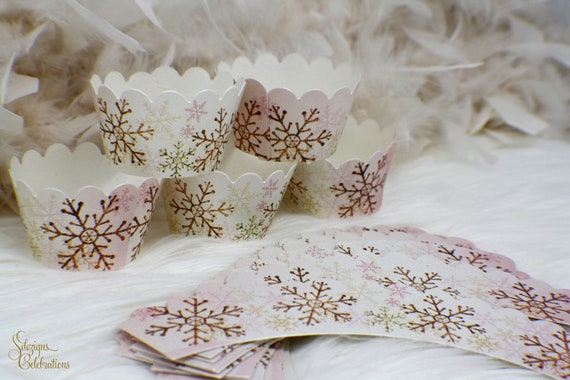 Cupcake Wrappers, Winter Wonderland Cupcake Wrappers, Party Stationery, Accessories, Cupcake Snowflake Wrap, Rose gold, Pink, Set of 12 Il_570xn