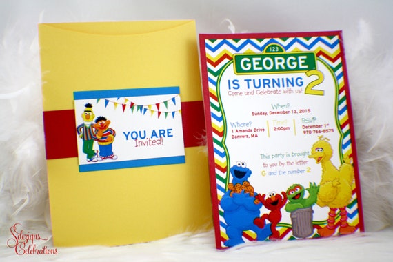 Sesame Street Birthday Invitation | Big Bird | Elmo | Cookie Monster | Oscar | Ernie | Burt | Chevron pattern | Fun | Cute | Party Il_570xn