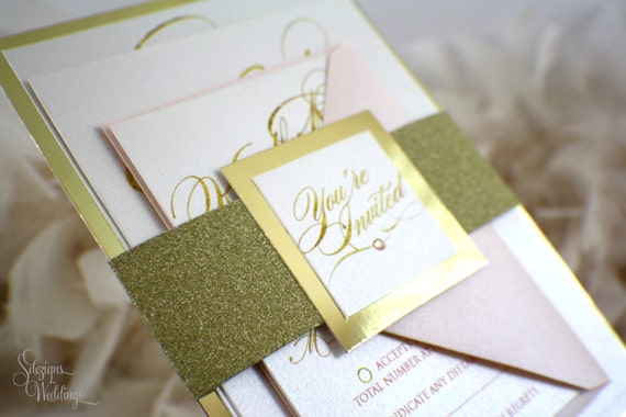 Gold Wedding Invitation | Glitter Band Invite | Blush Gold Wedding Invitation | Glam Invitation | Blush wedding invite | Fabulous Invitation Il_570xn