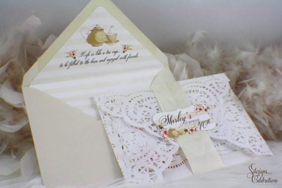 Tea Party Invitation / Doily Invitation / Classy Invite / Classic / Vintage / Cream / White / Ladies / Flowers / Teapot / Tea cup / Feminine Il_570xn