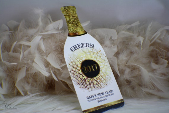 Happy New Year Bottle Shape Greeting Card | Cheers | Gold | Glitter | Glitz | Black | Modern Il_570xn
