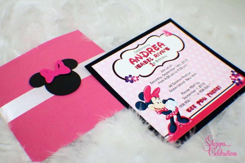 Cute Minnie Mouse Birthday Invitations Pink Black Minnie Mouse Invitations Flowers Minnie Head