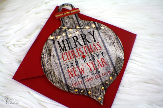 Rustic Christmas Ornament Card | Greetings | Merry Christmas | Holiday card | Happy Holidays | Red | Gray | Lights | Wood Pattern | Crystal Il_570xn