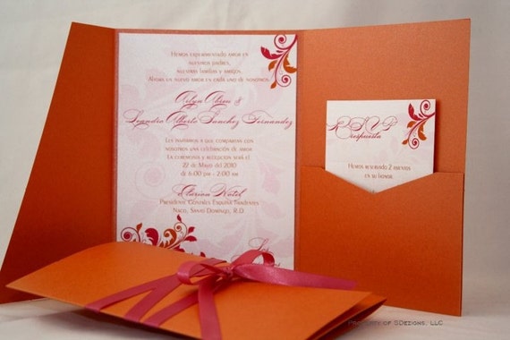 Orange and Pink Wedding Invitation - Gorgeous Swirls | Floral | Folliage | Elegant | Ribbon | Bow Il_570xn