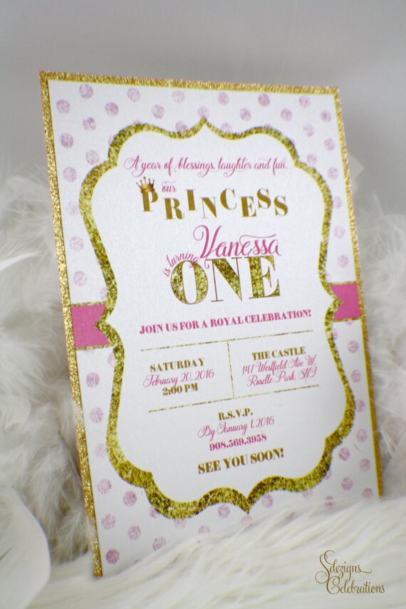 princess first birthday invitation one baby royal crown gold glitter pink polkadots golden glitz princess first birthday invitations