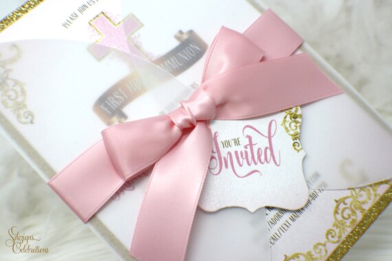 First Communion Invitation, Girl First Communion, Pink First Communion, Baptism Invitation, Christening Invitation, Pink and Gold Invitation Il_570xn