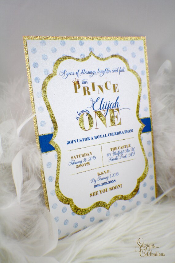 Prince First Birthday Invitation | One | Baby | Royal | Crown | Gold | Glitter | Blue | Polkadots | Golden | Glitz Il_570xn