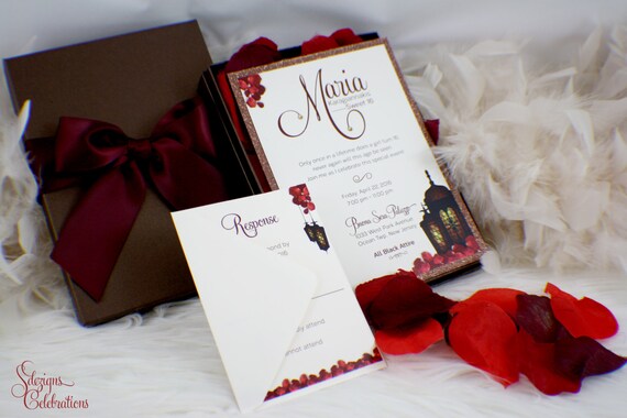 Moroccan Beauty - Sweet Sixteen Box Invitation | Quinceañera | Deep Red | Brown | Rose Petals | Glitter | Bow | Lanterns | Sweet 16 | Mis 15 Il_570xn