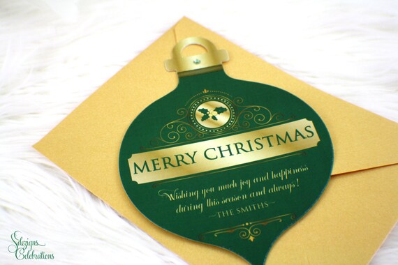 Christmas Ornament Greeting Card | Merry Christmas | Holiday card | Gold | Green | Formal | Business Holiday Card Il_570xn