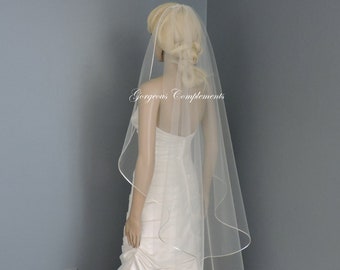 Wedding Veil Cascade Satin Rattail Cord Edge, Bridal Veil C90RE