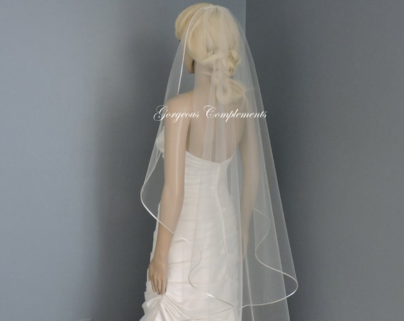 Wedding Veil Cascade Satin Rattail Cord Edge, Bridal Veil C90RE