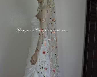 Embroidered Garden Flower Wedding Veil, Ivory Sheer Veil