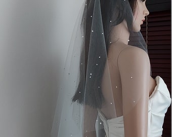 Rhinestone Simplicity Veil, Minimalist Pearl Veil, Sheer Pearl Veil,Wedding Veil,Bridal Veil, Illusion Veil, Velo de Novia