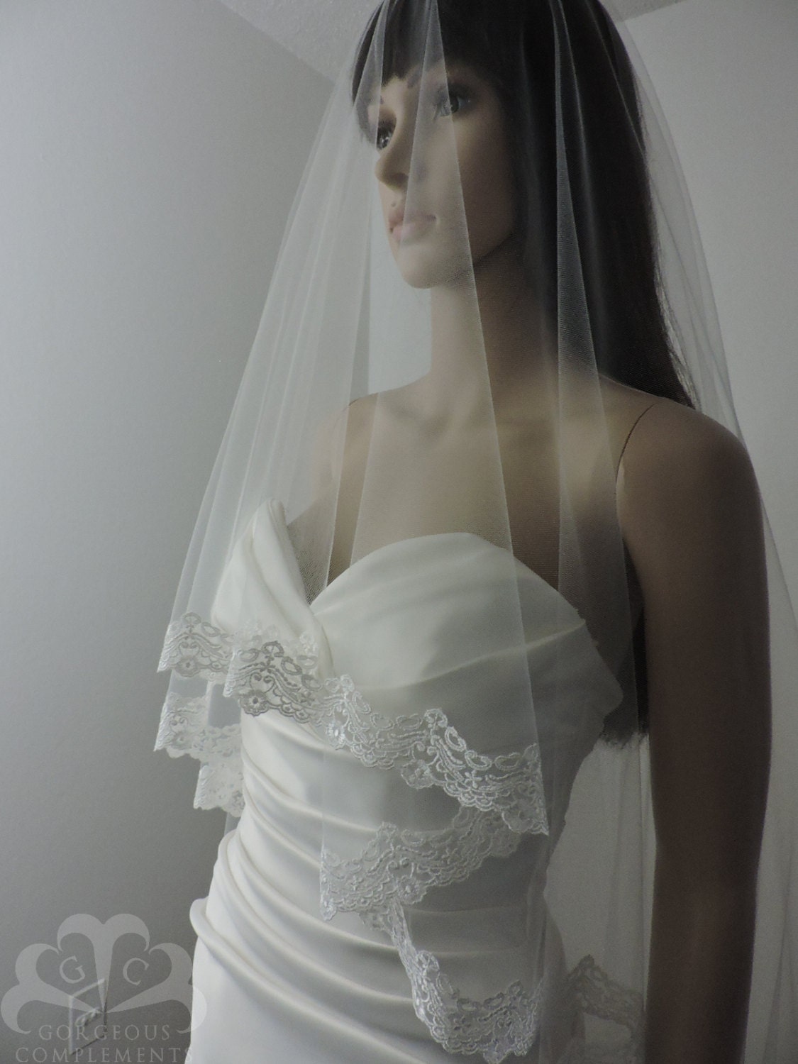 Mantilla Bridal Veil with Delicate Embroidered Lace Trim Ivory or Light