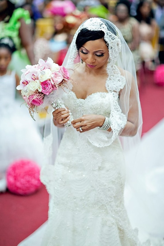 Long Cathedral Veil With Lace Edge Beaded French Alencon Lace 