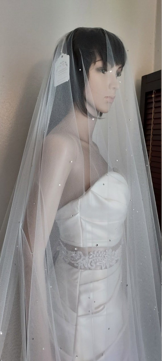 Wedding Veil Scattered Crystals Cut Edge Drop Veil