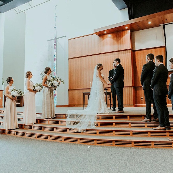 Velo de novia en cascada, capilla o catedral, borde de cinta de satén, velo de novia