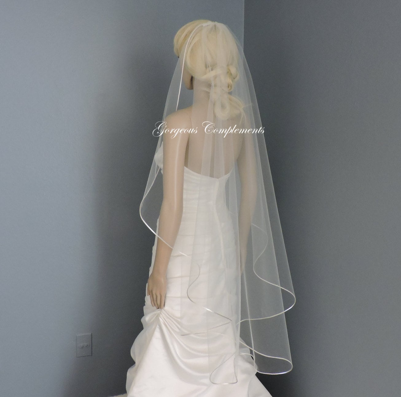 72 in/Medium Volume One Tier Cascade Satin Cord Veil in Ivory Cascade Veil with Satin Ribbon – One Layer Minimalist Bridal  main image 2