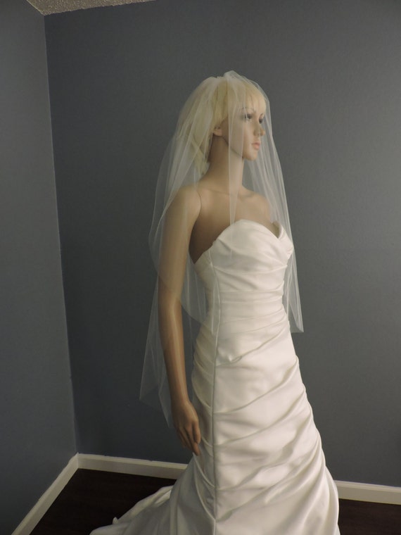 Sheer Wedding Veil Fingertip Double Veil Cut Clean Edge, Bridal Veil DT30/45X50CE