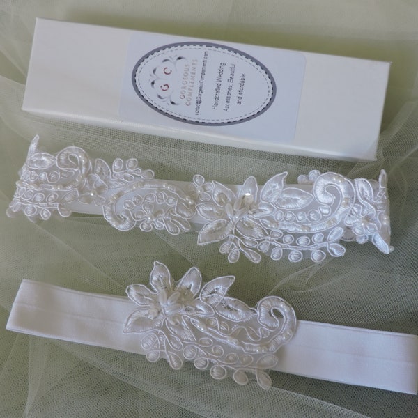 White Lace Wedding Garter Small Large or Set