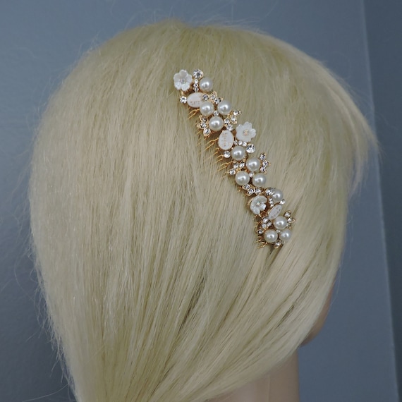 Delicate Crystals and Pearls Bridal Comb Gold and Off White
