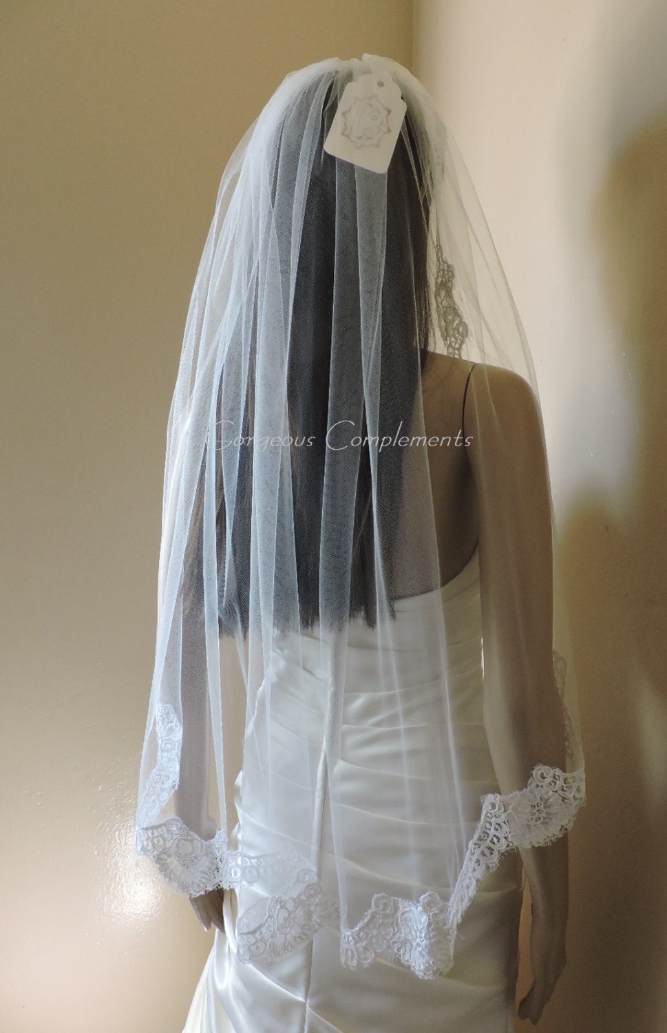 Mantilla Bridal Veil Silk White Vintage French Alencon Lace, Bridal Veil 33