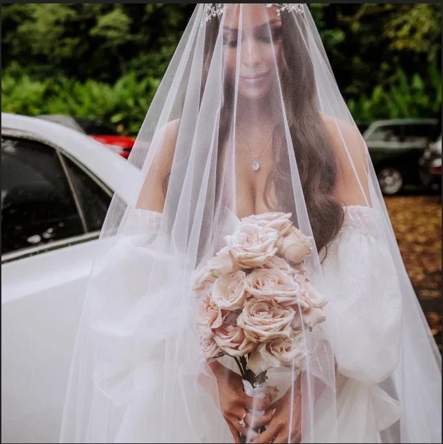 One Blushing Bride Two Tier Drop Wedding Veil, Long Veil with Blusher, Double Layer White / Chapel 90