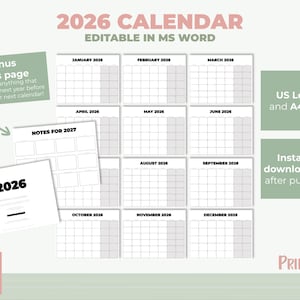 Microsoft Word Calendar 2026 Editable - Etsy