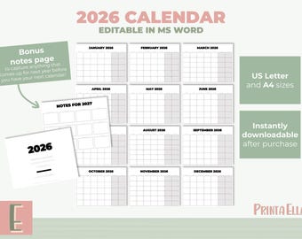 May include: A printable 2026 calendar in black and white with a notes page for 2027. The calendar is editable in Microsoft Word and available in US Letter and A4 sizes.