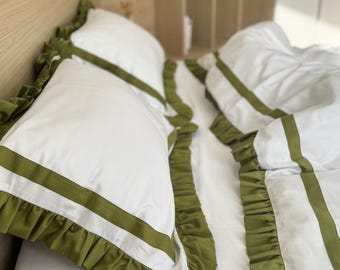 Wedding Gift Bedding Set for Couple | Olive Khaki White Cotton Sateen Bedding | Quiet Luxury Bedroom Decor