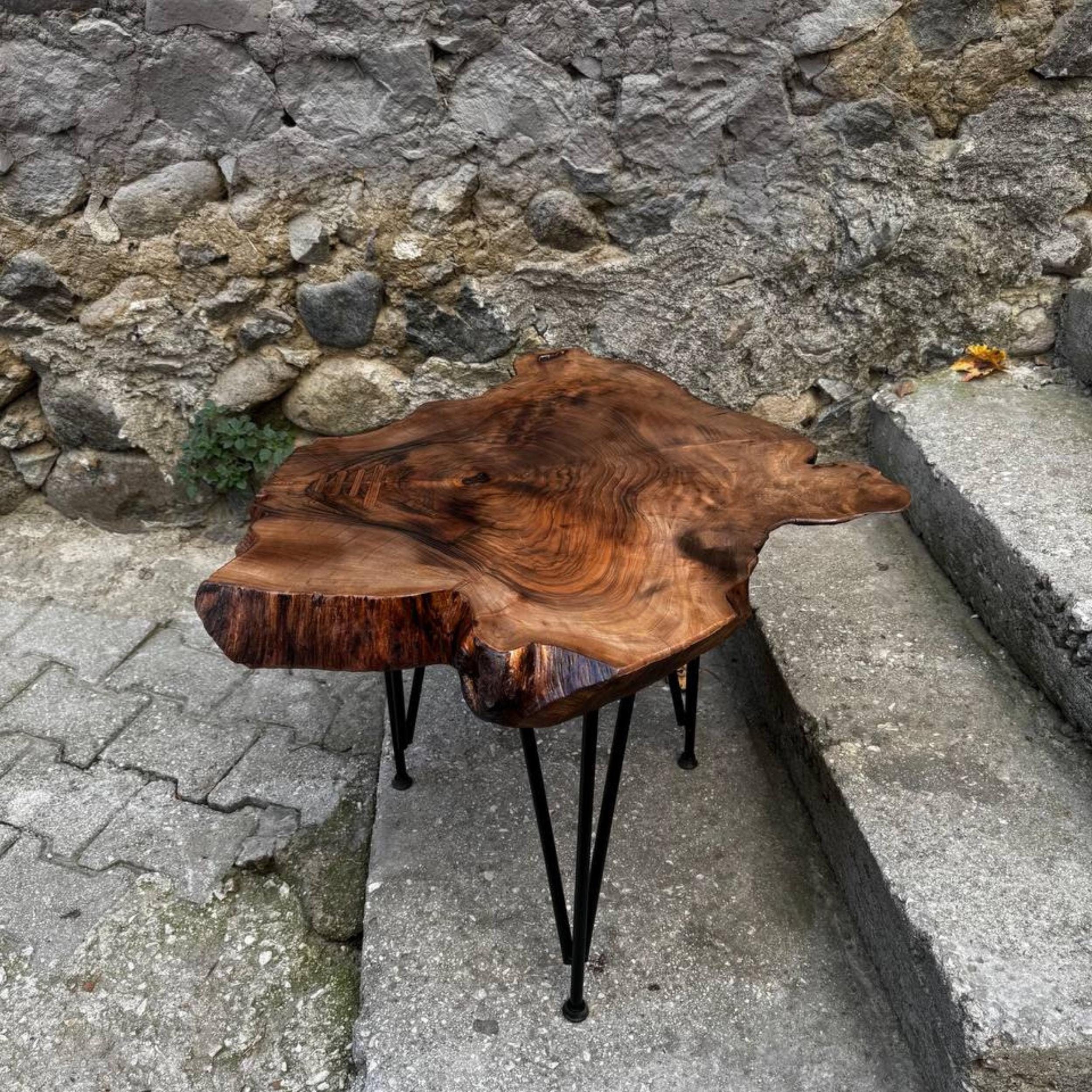 Rustic Root Wood Coffee Table, Home Decoration, Wooden Live Edge Coffee Table with Metal Legs, Live Edge Olive Wood, Unique Coffee Tables