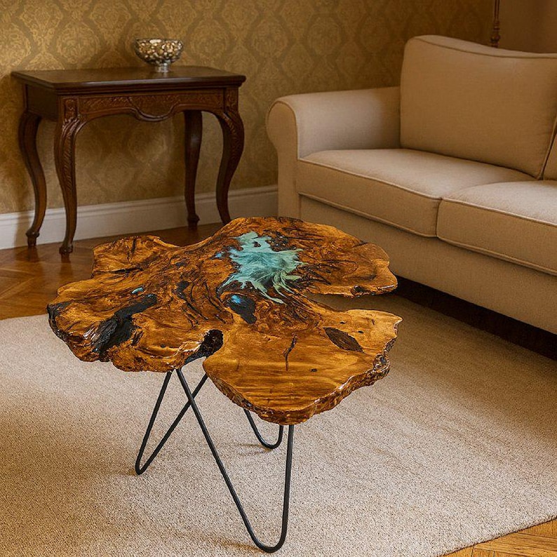 Epoxy Live Edge Wood Coffee Table, Olive Wood Coffee Table, Nehir Epoxy